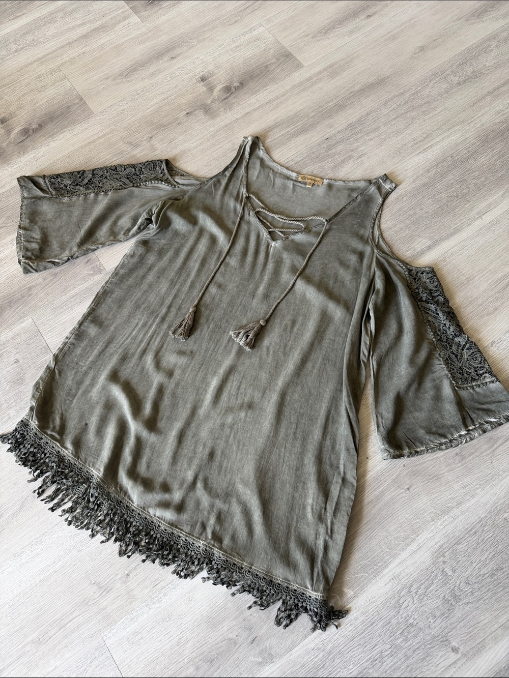 Democracy Olive Cold-Shoulder Tassel Fringe Tunic Top